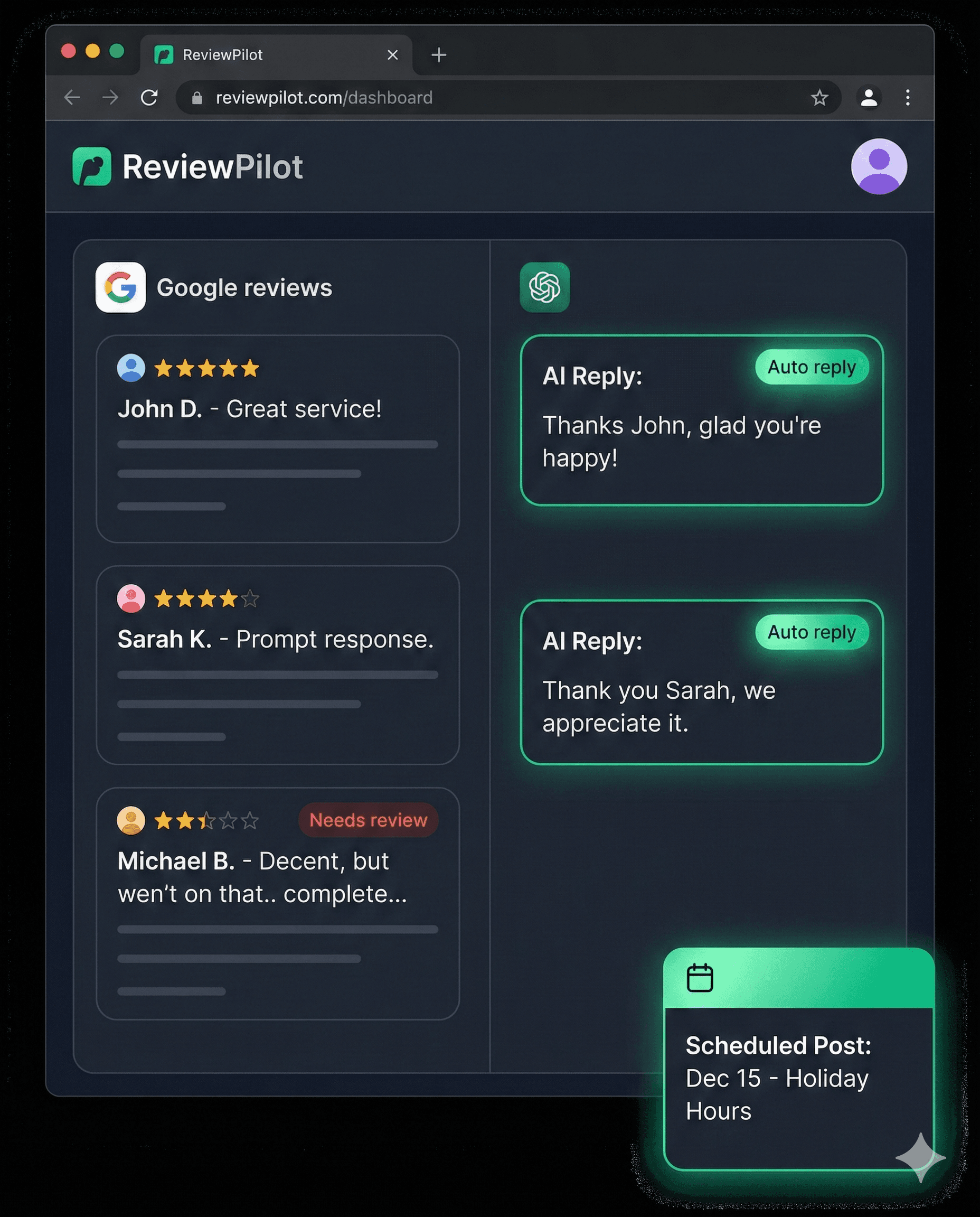 Zoomed-in view of the ReviewPilot web app with AI-generated Google review replies